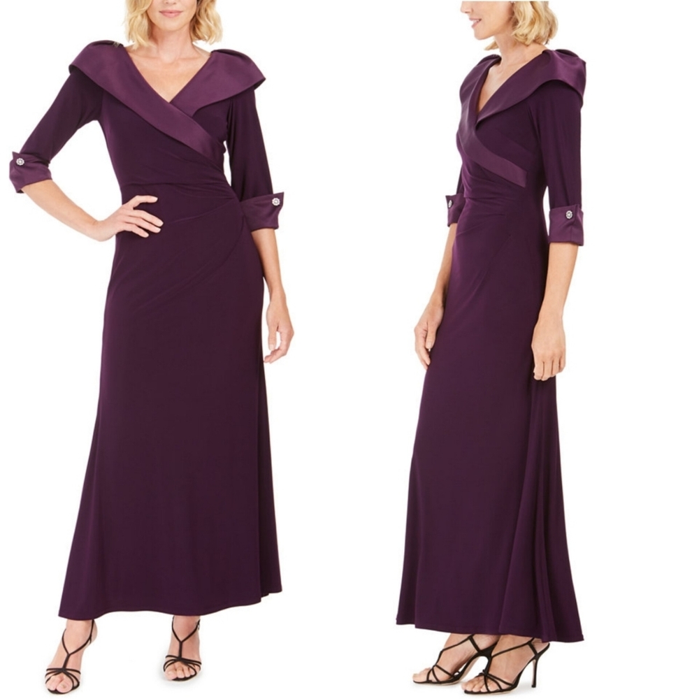 🔥Jessica Howard Purple Satin Portrait Collar Gown